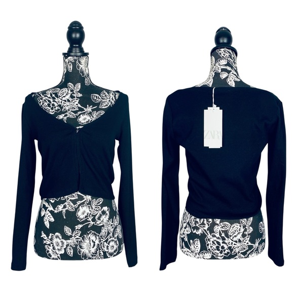 NWT Zara black cropped cardigan long sleeve sweater size large - Picture 1 of 11
